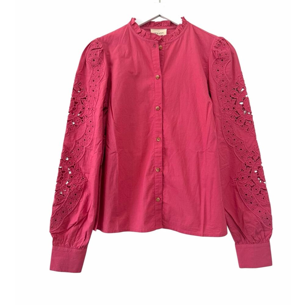 NWT Sézane Zoelie Shirt Pink Embroidered Eyelet Blouse US 4 EU 36 Cotton